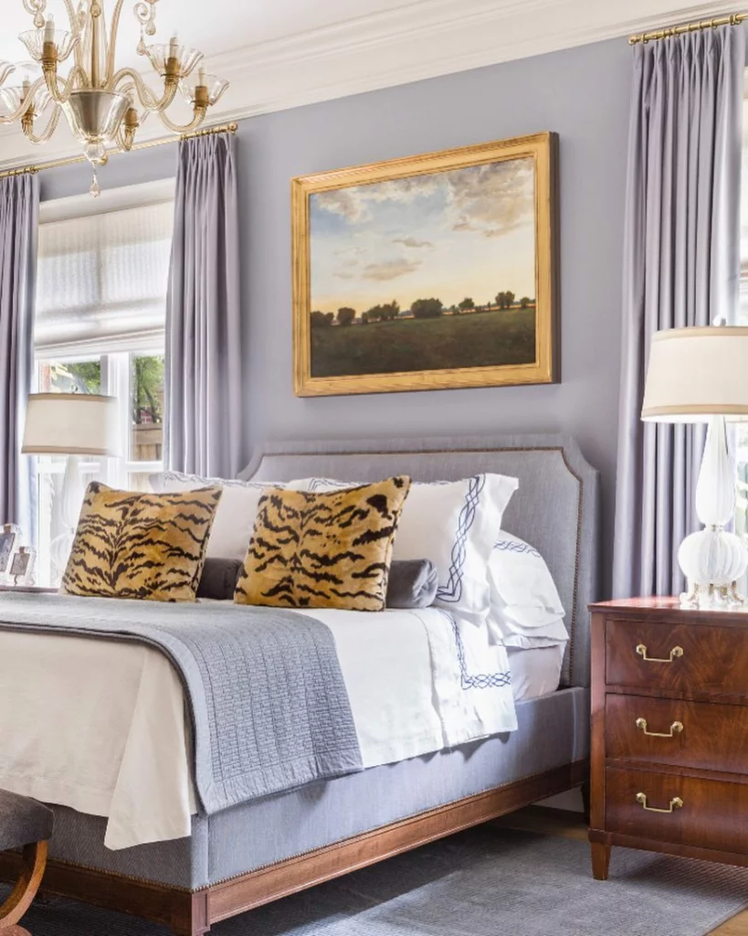 spring decor, tiger print pillows, lavender bedroom