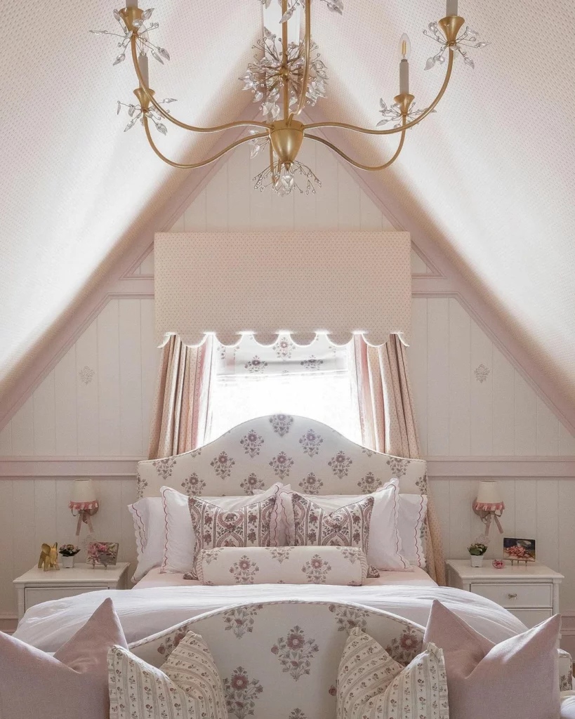 pink bedroom, floral prints, pastel bedroom, soft pink, golden chandelier, spring home decor